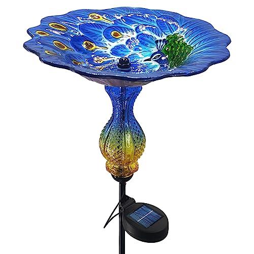 John's Studio Peacock Bird Bath for Outdoor - Glass Bowl Solar Light Bird Baths Cage Outside Dish Bird Feeder with Metal Stake for Garden, Yard and Patio - Blue 32 inches - color: Peacock Stake-Blue