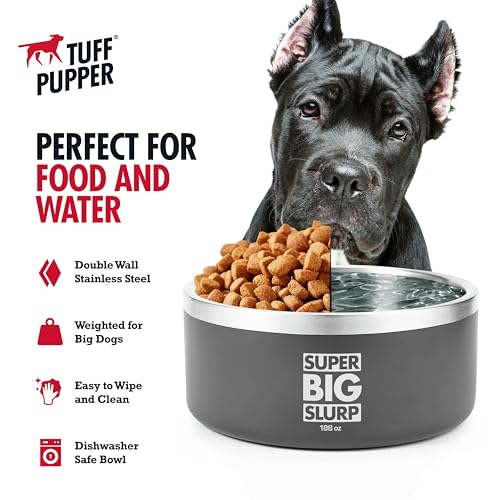 Tuff Pupper Heavy Duty Insulated Dog Bowl | Double Wall Stainless Steel Dog Food Dish | Non-Slip Spill Proof Dishwasher Safe Cat Bowl | Water Dish for Feeding Large Medium Small Pets (188oz, Grey) - color: Cool Grey, size: 188oz