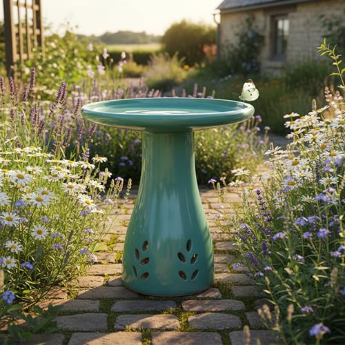 Sunnydaze Hand-Painted Ceramic Outdoor Bird Bath for Garden, 21” H, Seafoam | UV & Frost-Resistant Mineral Glazed Finish, 1 Gal Water Cap, Easy Assembly, Pedestal Bird Bath for Outside, Ceramic Birdbath