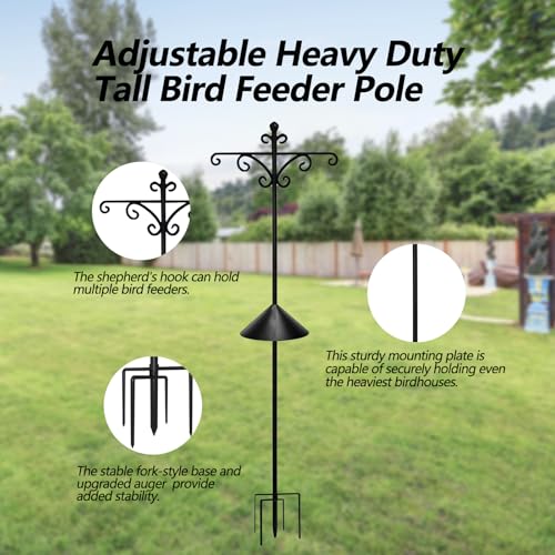 Luzbirba 92in Bird Feeder Pole, Shepherd Hook, 6 Hooks, 5-Prong Base | Heavy-duty pole with squirrel baffle for bird feeders, hanging plants, outdoor lanterns & hummingbird feeders, yard decor
