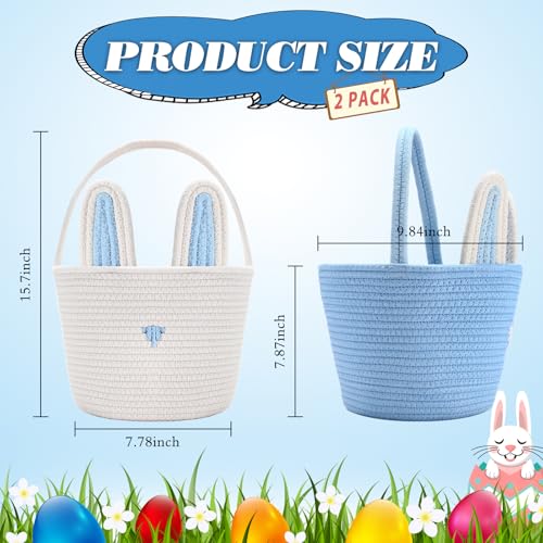 Colingmill 2 Pieces Easter Bunny Basket with Handle Woven Empty Rabbit Basket for Easter Egg Hunt Cute Candy Gifts Storage Party Favors Supplies(White, Blue) - color: White, Blue