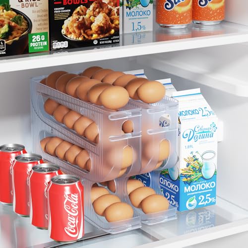FIFO Egg Holder for Fridge, Egg Organizer for 56 Large Size Eggs | 2-Pack Auto Rolling Egg Dispenser for Refrigerator, Space-Saving Egg Roller/Container/Storage(Frosted Clear) - color: Frosted Clear, size: 2 Packs