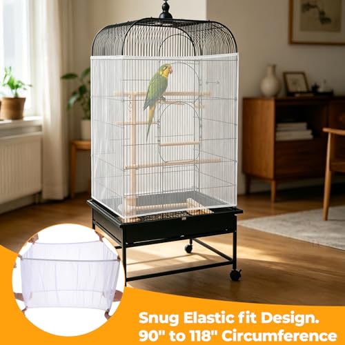 Large Bird Cage Seed Catcher Universal Bird Cages Net Cover | 31" x 118" Adjustable Nylon Mesh Skirt with Elastic Band for Parrot & Parakeet Cage (Not Include Birdcage) - White