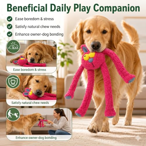 Squeaky Rabbit Dog Plush Chew Toy, Interactive Tug Squeaky Toy for Chewers, Medium Large Dogs & Fetch Play, 31.5 Inch Stuffed Play Toy with Stretchable Limbs for Gentle Gum Care & Boredom Relief - color: Rose Red (Swinging Rabbit)