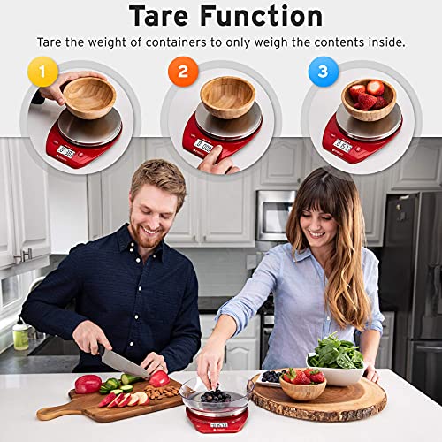 Etekcity Food Kitchen Scale with Bowl, 0.1g, Grams and Ounces | 11lb/5kg capacity with tare, removable bowl, ideal for baking, coffee, meal prep and portion control, Stainless Steel, Red - color: Chili Red