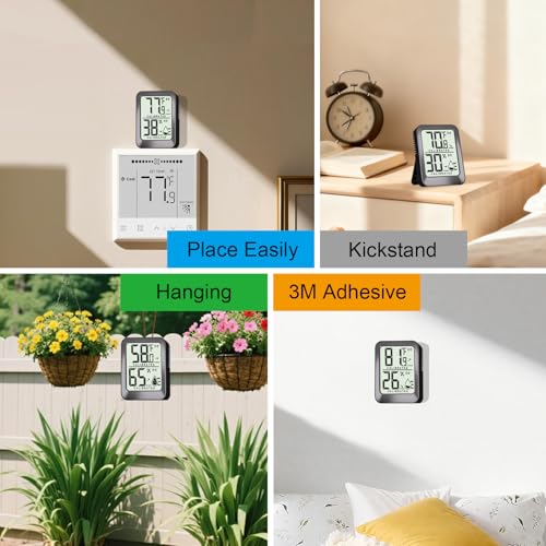 AyayaBoss 4 Pack Room Thermometer Indoor Hygrometer | Mini Size, Monitor Temperature & Humidity, Accurate Fast Read, Easy To View, Kickstand/Hanging/Wall Adhesive, ℉/℃, w/ Battery
