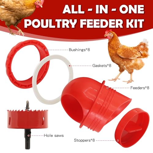 Chicken Feeder No Waste 8 Ports DIY Automatic Poultry Feeder with 8 Covers and 1 Hole Saw,Rainproof Rat-Proof Gravity Chicken Feeder Kit for Buckets,Bins,Barrels,Troughs - color: Red