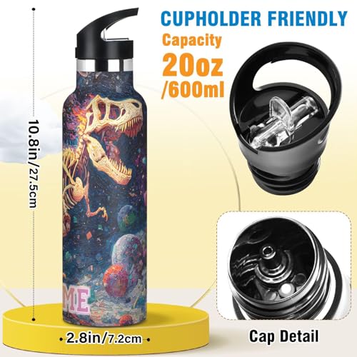 Custom Name Oil Painting T-rex Running Water Bottle for Men Women Personalized Text Insulated ‌Stainless Steel Water Bottle with Straw Lid for School Sport 20 Oz - color: custom oil painting t-rex running