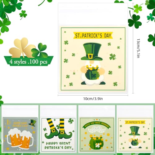 100 PCS Clear St Patricks Ziplock Bags, Plastic St Patricks Treat Gift Candy Goodie Snack Cookie Bags Party Favors Supplies for Gifts Giving Shamrock Bags Holiday Candy Bags Wrap - color: 100pcs St Patrick's bags