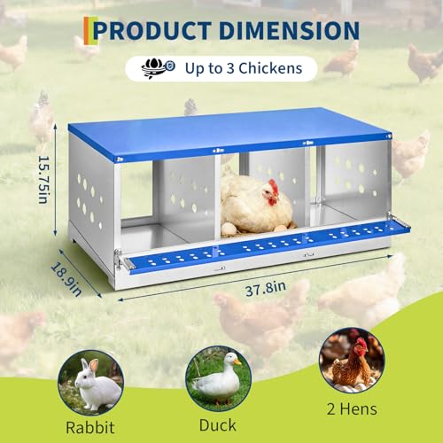 GarveeLife 3 Compartment Chicken Nesting Box,Heavy Duty Galvanized Steel Rustproof Laying Box for Hens Ducks,Anti-Peck Rustproof Nest Boxes 37.8" l x 18.9" w x 15.75" h Blue