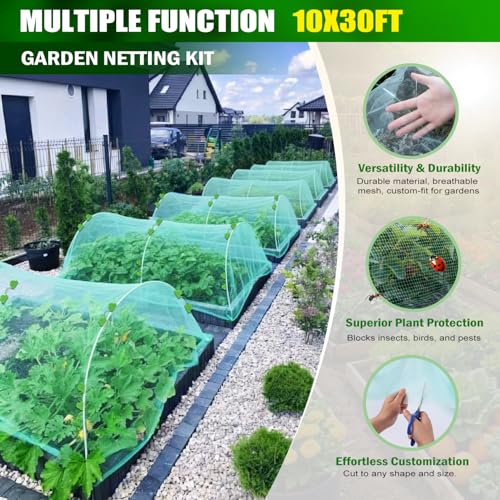 Garden Mesh Netting Kit, 10x30FT Green Ultra Fine Netting & 6 Sets 8FT Fiberglass Garden Hoops with Stake, Garden Netting with Frame for Raised Beds, Garden Hoops and Netting, Row Cover, Plant Barrier - color: Green