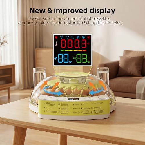 22 Egg Incubators for Hatching Eggs, Temperature & Humidity Control, LED Egg Candler, External Water Bottle Refill, 360° Clear View Window for Chicken Duck Pigeon