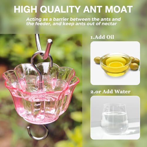 Kingsyard Glass Hummingbird Feeder for Outdoors Wild Bird Feeder with 6 Feeding Ports Hanging for Garden Yard, Pink (Ant Moat Included) - color: Pink