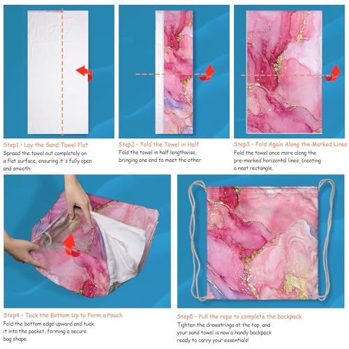 Pink Marble Beach Towel - Microfiber Beach Blanket Backpack 2 in 1 for Travel Adult Camping Holiday 63"x31.5" - color: Abstraction Marble Pink