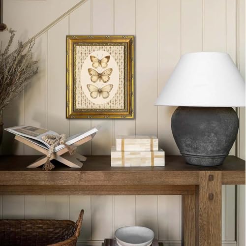 DR.RiftArt Vintage Butterfly Wall Art Antique Neutral Insect Decor Painting | Canvas Floral Background Artwork Print Picture Rustic Farmhouse Style for Living Room Bedroom Office 9x11 inch Gold Framed - color: There Butterfly, size: 11"L x 9"W