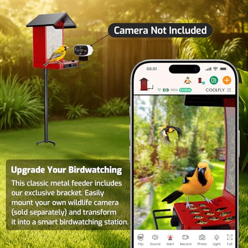 All-Metal Bird Feeder, Wall & Pole Mountable, 2.4L Large Capacity | Chew-Proof & Weather-Resistant Design, Easy to Clean & Fill, Wild Birds Feeder for Backyard & Garden, for Men Women Gift - color: Cranberry（Without Camera）
