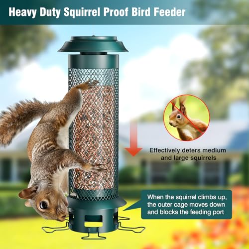 Large Squirrel Proof Bird Feeder with Removable Base, Weight-Activated Cage, Easy to Clean & Spill-Proof, 5 Perches, 4 lb Capacity, Tube Metal Bird Feeder for Outdoors Cardinals, Finches - color: Green