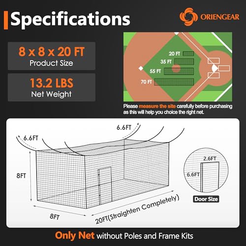 ORIENGEAR Baseball Batting Cage Nets, ONLY NET, 70'L/55'L/35'L/20'L Baseball and Softball Cage Netting, 1.88" #45 Mesh, Professional Fully Enclosed PE Hitting Cage Net with Door, Without Poles - size: 20*8*8