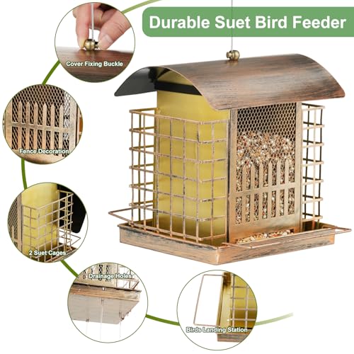 Suet Bird Feeders for Outdoors Hanging, Upgraded Metal Cage Birdfeeder | 2-in-1 Bird Feeder Attracts Woodpeckers, Finches, Sparrows - Wild Bird Feeder Ideal for Garden Yard Decor & Gift