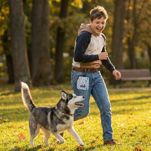 Dog Treat Pouch with Training Clicker,Waterproof Nylon Fabric Poop Bag Holders for Leashes,Hands Free Small Dog Walking Bag with Carabiner, Pet Puppy Training Walking Essentials (Dinosaur) - color: Dinosaur