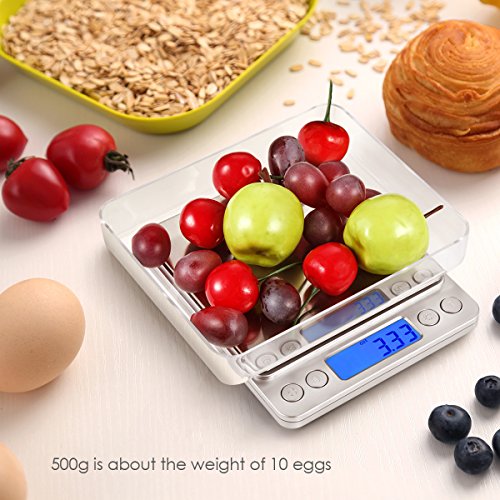 (Upgraded) AMIR Digital Kitchen Scale, 500g Mini Pocket Jewelry Scale, Food Scale, Coffee Scale, Back-Lit LCD Display, 2 Trays, 6 Units, Auto Off, Tare, PCS, Stainless Steel (Batteries Included) - color: Silver