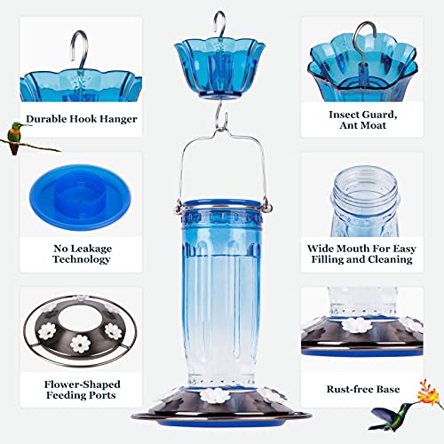 Kingsyard Glass Hummingbird Feeder for Outdoors Wild Bird Feeder with 6 Feeding Ports Hanging for Garden Yard, Blue (Ant Moat Included) - color: Blue