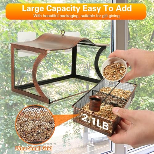 Window Bird Feeder, Metal Window Bird Feeder with 4 Strong Suction Cups, Wild Bird Feeders for Outdoors Hanging, Removable Tray with 2 Water Cups, Easy Clean and Fill