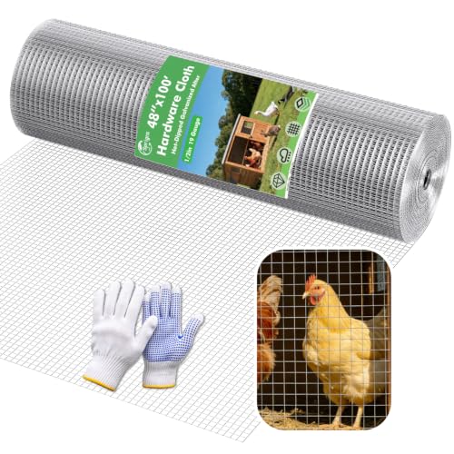 Hardware Cloth 48" x 100ft 1/2" Mesh, Chicken Wire Fencing 19 Gauge, Galvanized Rust-Resistant, Poultry Animal Netting for Chicken Coops, Protective Barriers, Garden Fencing (Gloves Included) - size: 1/2" 48" x 100ft 16Ga