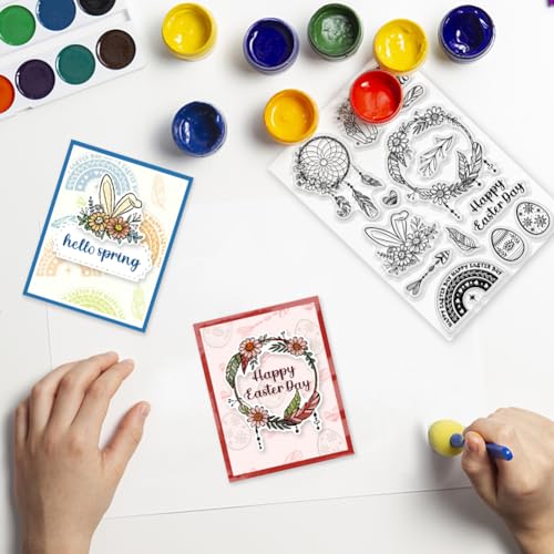 Easter Egg Clear Stamp Reusable Dream Catcher Stamp Leaves Wreath Silicone Stamps Boho Easter Words Rubber Stamps for Easter Card Making Journaling Scrapbooking DIY Cards Album - color: Bohemian Easter