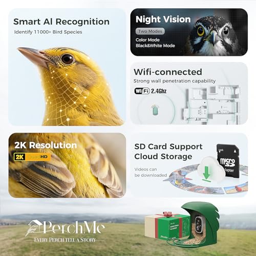 PerchMe® 2026 New AI Bird Feeder with Camera Solar Powered -2K HD Live View,Smart Bird House Camera Wireless Outdoor,DIY Add-ons,Pefect Birding Gift for Parents & Families