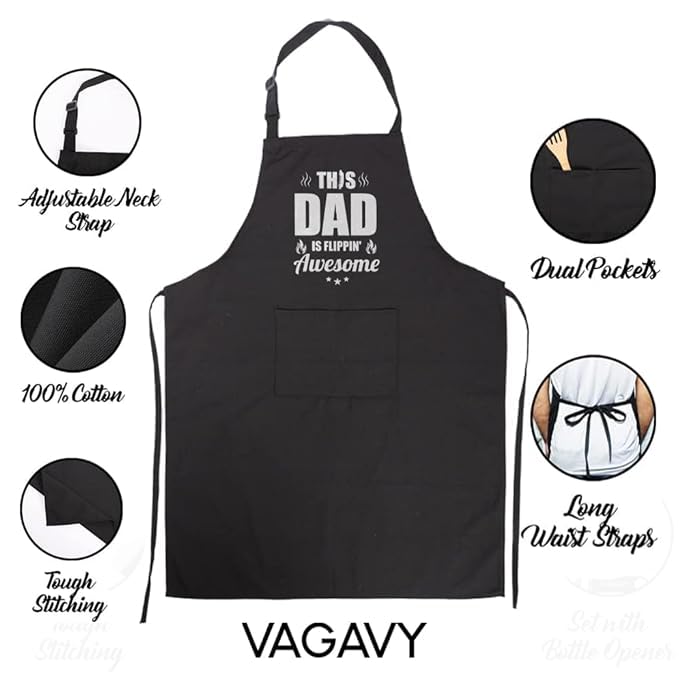 VAGAVY 100% Cotton, Black Funny Aprons for Men, Dad, Husband - Birthday, Father’s Day Grilling Gifts for Papa, Husband. - color: This Dad is Flippin' Awesome