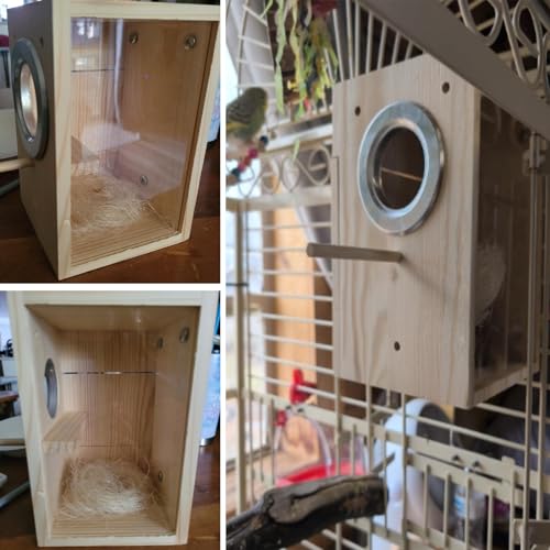 kathson Parakeet Nesting Box Transparent Bird House Bird Nest Box for Cage Parrot Nesting Boxes Wooden Breeding Box for Cockatiel Lovebirds Budgie Finch Canary(M) - size: [L:8.9 x 5.9 x 5.9 lnches]