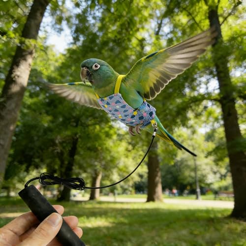 Parrot Flight Suit with Elastic Leash, 2-in-1 Vest & Traction Set, Quick-Release Design, 2 Colors (Blue Heart/Black Heart), Polyester, 7.48x7.87in, for Budgie Cockatiel Lovebird (Blue Heart) - color: Blue Heart