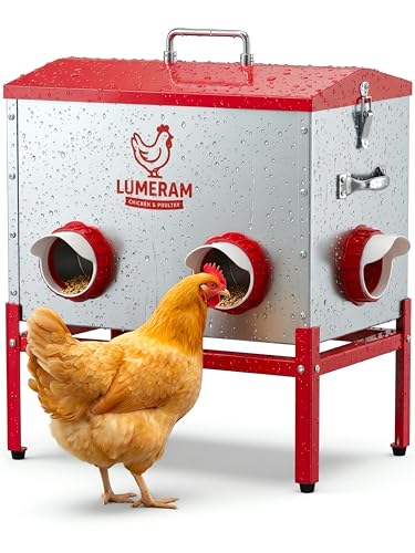 30 LB Large Automatic Chicken Feeder with No-Waste Ports – Outdoor Metal Chicken Feeders with Adjustable Stand, Rodent-Resistant Design & Riveted Handles for Chickens, Ducks & Poultry