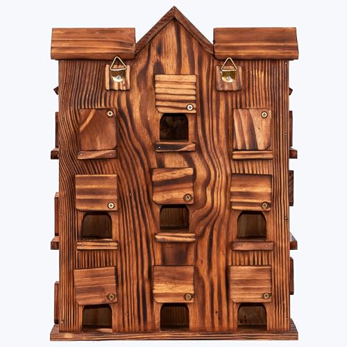 MIXUMON Wooden Bird Houses for Outside – 15 Rooms Multi-Chamber Bird House, Carbonized Pine Rustic Finish, 1.57" Entrance Holes, Individual Cleaning Doors, Decorative Outdoor Bird Nesting Box
