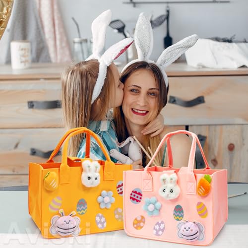 Aviski 2PCS Easter Egg Hunt Bags, Easter Bunny Gift Bags with Handles, Easter Treat Bags, Felt Easter Bags for Gifts Wrapping, Egg Hunt Game, Easter Party Supplies, 12" x7.8" x6.8"(Pink + Orange)
