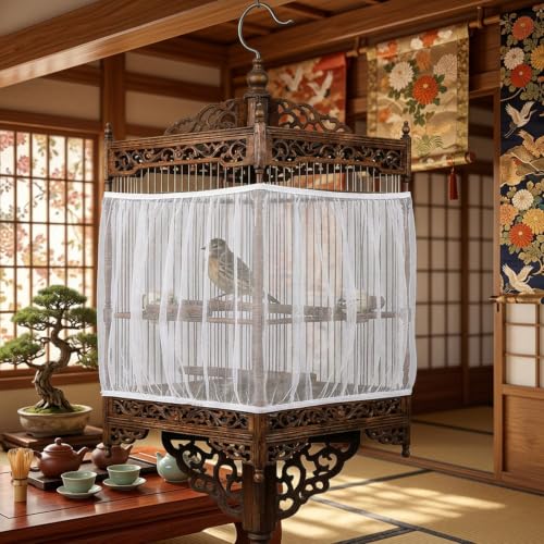 2 Pcs Bird Cage Cover Universal Bird Cage Seed Catcher, Breathable Nylon Mesh Net Cover Adjustable Soft Airy Cages Net Stretchy Skirt for Round Square Cages