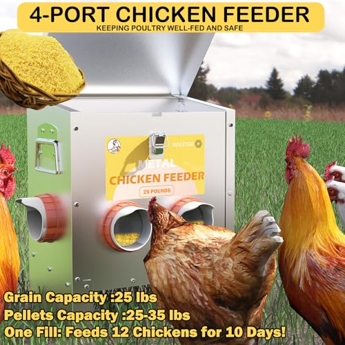 Automatic Chicken Feeder No Waste Metal Poultry Feeder Large Capacity 25lbs for Chickens, Geese, Ducks, Turkeys, Quails (4-Port) - size: 4-Port