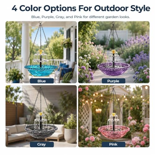 3-Tier Solar Powered Hanging Bird Bath Fountain, Integrated Solar Bird Bath for Outside, Cascading Water for Hummingbirds Wild Birds, Garden Patio Decor (Blue) - color: Blue