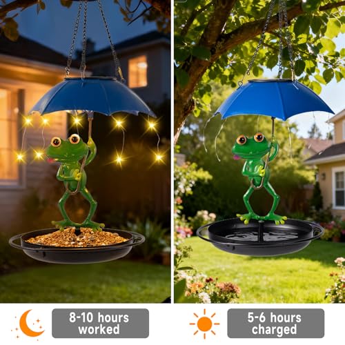 Solar Bird Feeders for Outdoors Hanging Garden Decor - Metal Frog Outdoor Figurine Solar Lights Hummingbird Feeder, Waterproof Wild Bird Feeders Garden Gifts for Women, Mom