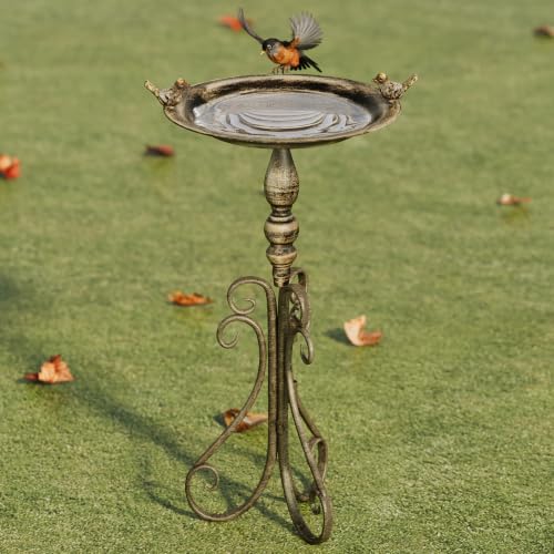 24" Vintage Metal Bird Bath Bowl with Stand | Pedestal Birdbath with Cast Iron Birds, Antique Brass Feeder for Garden, Patio, Backyard & Lawn