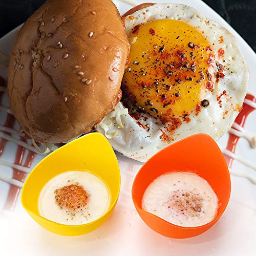 Silicone Egg Poacher Cups, 4 Pack with Stable Ring Base | Make Poached Eggs Easily on Stovetop, Microwave, Air Fryer or Oven, Easy Release, BPA-Free, Includes Oil Brush
