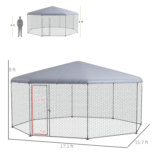 PawHut Large Chicken Coop Polygon Shaped Walk in Fence Cage 17.1'x15.7'x9' | Metal Chicken Run with Waterproof and Anti-UV Cover, Hen House for Outdoor and Yard Farm Use, 1" Dia