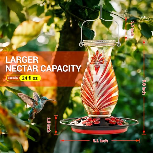 Hummingbird Feeder for Outdoors, 24oz Glass Nectar Feeder with Perch & 5 Flower Feeding Ports, Leakproof Hanging Bird Feeder for Garden Yard Decor, Outside Gifts for Women & Mom, Ruby Red - color: Ruby Red
