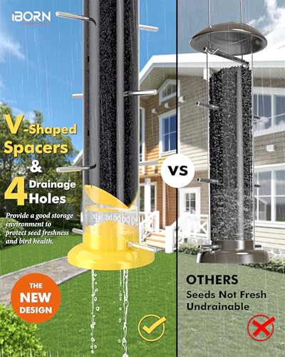 iBorn Finch Feeders for Outside,Nyjer/Thistle Bird Feeder,14 Inch Tube Bird Feeders for Outdoors Hanging,Metal Finch Feeders for Thistle Seed with 12 Small Ports,8 Metal Perches,Yellow,Pack of 1