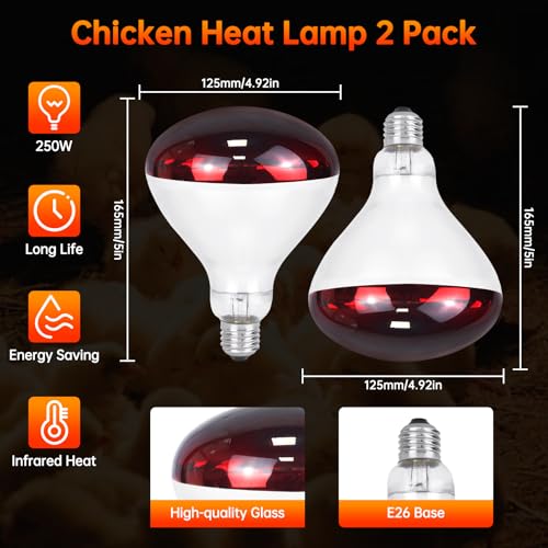 LUCKY HERP Heat Lamp for Chickens, 250 Watt Red Heat Lamp Bulbs, Infrared Heat Lamp for Chickens, Chicks, Reptile, Pets, Brooder Coop, Poultry (2 Pack) - size: 250*2