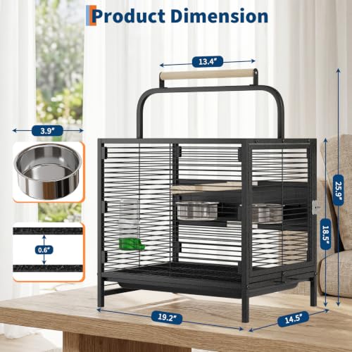 25.9''H Travel Bird Cage for Small Parrots Wrought Iron Portable Carrier Parrot Cage with Food Bowl/Perch, Slide-Out Tray for Canaries Budgies Parrotlets Lovebirds Conures Cockatiels, Black | Wrought Iron Portable Carrier Parrot Cage w/ Slide-Out Tray for