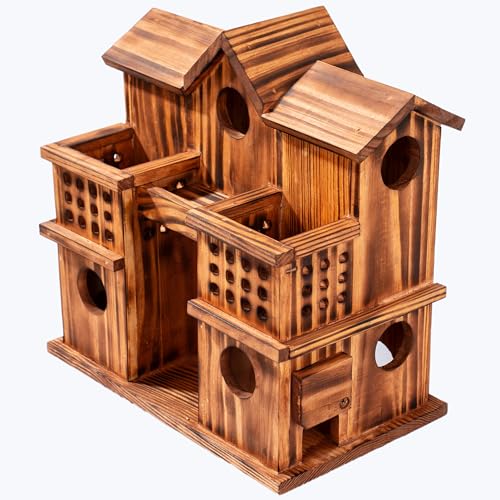 MIXUMON 8-Room Wooden Bird House with 2 Front Feeders – Large Outdoor Birdhouse for Multiple Birds, 1.57” Entrance Holes, Easy Access Cleaning Doors, Rustic Burnt Wood Design for Garden, Yard & Patio