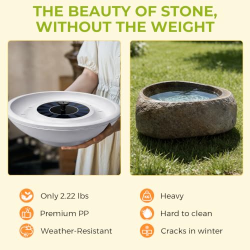 Solar Fountain Bird Bath for Outside Gray 12.5" Ground Level Bird Bath Tabletop Water Bowl with 6 Nozzles Bird Bath Bubbler for Hummingbird Wild Birds Outdoors Garden Patio Lawn Decor