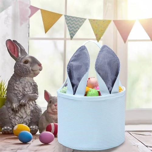Easter Basket Seersucker Egg Hunt Bunny Baskets for Kids with Cute Rabbit Ears Stripe Storage Gifts Candies Personalized Easter Party Gifts… - color: Seersuck blue2